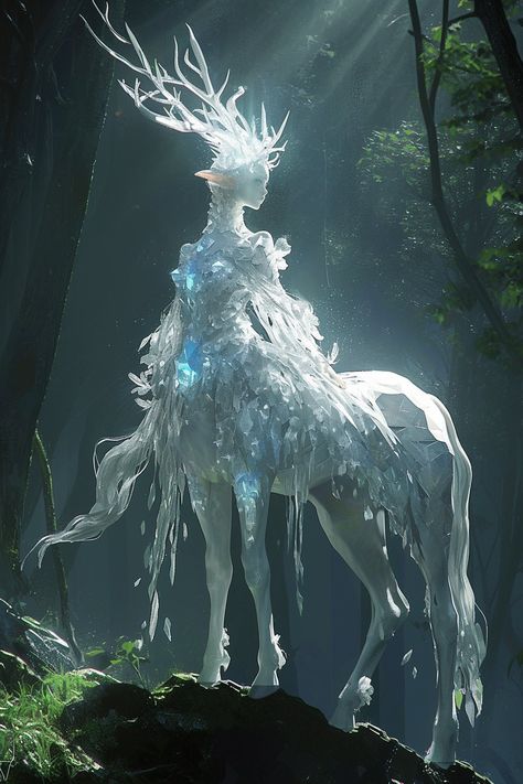 Mystical Creature Aesthetic, Mythical Snow Creatures, Mythical World Aesthetic, Rideable Fantasy Creatures, Dnd Fey Creatures, Fantasy Humanoid Creatures, Human Animal Hybrid Art, Dream Creature, Mythical Gods