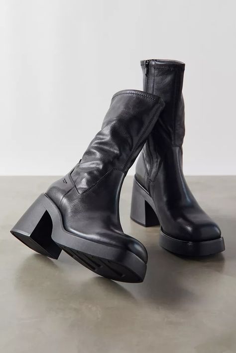 Women's Boots | Flat + Heeled Boots | Urban Outfitters Black Boots Chunky Heel, Stretch Black Boots, Calf High Boots Platform, Black Ankle Chunky Boots, Tall Black Boots Platform, Mid Calf Platform Boots, Square Toe Platform Boots, Fall Outfits Urban, Black Platform Boots Outfit