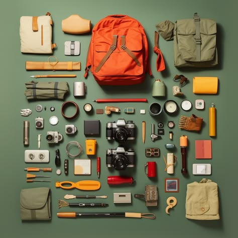 perfect explorer objects knolling :: Wes Anderson color palette, studio lighting, low contrast, 8k Wes Anderson Flat Lay, Wes Anderson Objects, Wes Anderson Aesthetic Outdoor, Vintage Camping Color Palette, Wes Anderson Aesthetic Camping, Wes Anderson Production Design, Knolling Photography, Wes Anderson Color Palette, Wes Anderson Aesthetic