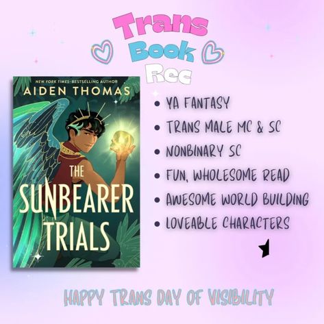 Happy Trans Day of Visibility! 🩵🩷🤍🩷🩵 To all my trans friends, you are loved. Scroll ➡️ for some of my favorite books featuring trans characters. Images features the following books: Most Ardently by Gabe Cole Novoa, Chef's Choice by TJ Alexander, Per by Awake Emezi, The Sunbearer Trials by Aiden Thomas, Cheer Up: Love and Pompoms, Felix Ever After by Kacen Callender, The Diablo's Curse by Gabe Cole Novoa, The Sacrifice by Rin Chupeco #transrightsarehumanrights #transdayofvisibility🏳️‍⚧... The Sunbearer Trials, Trans Books, Sunbearer Trials, Trans Characters, Aiden Thomas, Mlm Books, Trans Day Of Visibility, Lgbt Book, Most Ardently