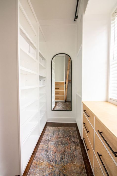 Separate Master Closets, Enclosed Closet Ideas, Mudroom Connected To Master Closet, Redo Master Closet, Long Master Closet Layout, His Master Closet, Spanish Walk In Closet, Mansion Bedroom Master Walk In Closet, Master Closet Doors Walk In