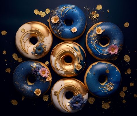 Gold Donuts, Donut Decorating Ideas, Biscuit Donuts, Donut Tower, Donut Stand, Blue Donuts, Baking Art, Luxury Food, Blue Cakes