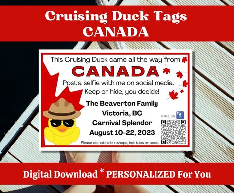 Custom Cruise Duck Tags, Canada Cruising Duck Tags Personalized Just for You. If your Cruising Duck came all the way from Canada, this tag is for you! Our cruising duck tag features an adorable duck donning a Canadian Mountie hat and sunglasses, set against a vibrant Cruising Duck Tags, Canadian Mountie, Hat And Sunglasses, Red Maple Leaf, Cruise Door, Bond Paper, Red Maple, Color Printer, Personalized Tags