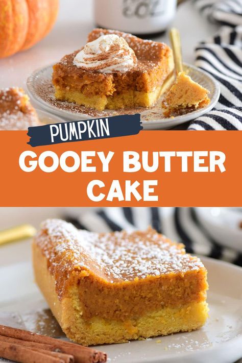 Pumpkin Gooey Butter Cake is a dessert like no other. Imagine a rich, velvety layer of pumpkin goodness atop a tender, buttery cake base, coming together in a perfect harmony of sweet and gooey perfection. It's a slice of autumn magic that's impossible to resist. Printable Recipe at TidyMom.net Pumpkin Spice Ooey Gooey Butter Cake, Book Treats, Pumpkin Gooey Butter Cake, Better Than Anything Cake, Best Dessert Ever, Ooey Gooey Butter Cake, Gooey Cake, Simple Eating, Gooey Butter