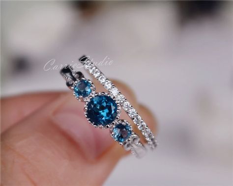 Antique Delicate Natural London Blue Topaz Ring by CarrieStudio Blue Wedding Rings, Topaz Engagement Ring, London Blue Topaz Ring, Antique Blue, Birthday Ring, Rings Set, Engagement Ring Set, Delicate Rings, Blue Topaz Ring