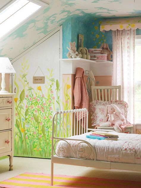 Update a kid's room with paint! Click through for more ideas: http://www.bhg.com/rooms/kids-rooms/shared-rooms/kids-room-paint/?socsrc=bhgpin012715paintideasforkidsrooms Girls Bedroom Paint, Fairy Bedroom, Garden Mural, Kids Room Paint, Shared Rooms, Big Girl Rooms, Bedroom Paint, Room Paint