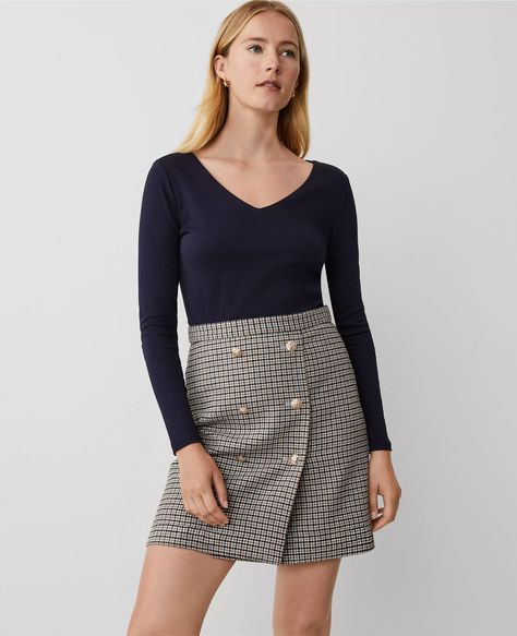 Brushed Check Button Wrap A-Line Skirt Ann Taylor Petite, Knitted Suit, Trendy Skirts, Trendy Clothes For Women, Petite Fashion, Skirts For Sale, Cotton Style, A Line Skirt, A Line Skirts