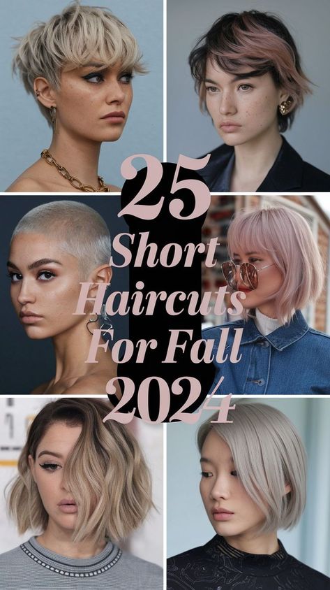 Short haircuts for fall 2024 are all about embracing trendy and cute styles that work for women of all ages. Young women with round faces can try Korean-inspired short cuts that frame the face beautifully. For those with fine flat hair, adding layers or bangs can create the illusion of volume. These hair trends offer stylish and easy-to-manage options for fall, perfect for keeping your look fresh and modern. Short Haircuts For Women Over 40 2024, Fall 2024 Short Hair Trends, Womens Short Hair 2024, Short Hair Cuts For Women Fall 2024, Short Hairstyle Women 2024 Trends, Pixie Cut 2024, Bangs And Wavy Hair, Short Hairstyle Women 2024, Short Hair 2024 Trends Women