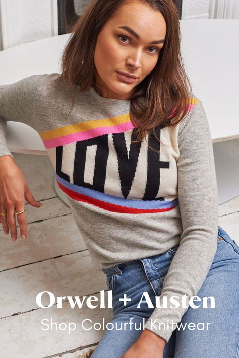 model wearing round neck grey cashmere sweater with rainbow stripe and love slogan Slogan Sweater, Love Sweater, Dopamine Dressing, Love Rainbow, Rainbow Stripes, Cushion Covers, Wool Blend, Color Pop, Knitwear