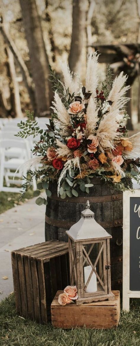 Toffee Wedding, Fall Ceremony Decorations, Western Table Decorations, Boho Vow Renewal, November Wedding Colors, Western Centerpieces, Western Wedding Decorations, Whiskey Barrel Wedding, Magical Theme