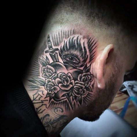 Side Of Neck Mens Flaming Sacred Heart Rose Flower Tattoos Sacred Heart Throat Tattoo, Sacred Heart Neck Tattoo, Flame Neck Tattoo, Heart Tattoo Designs For Men, Ankle Tattoo Cover Up, Rose Neck Tattoo, Sacred Heart Tattoo, Full Neck Tattoos, Best Neck Tattoos