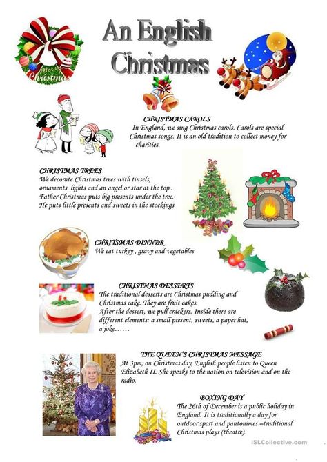 An English Christmas - English ESL Worksheets for distance learning and physical classrooms Reading Worksheets For Kids, Christmas Elementary, Christmas In England, Christmas Lesson, Tinsel Christmas Tree, English Christmas, Christmas Reading, Christmas Trivia, Christmas Worksheets