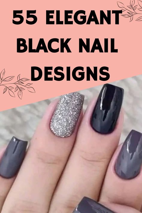 Discover a wide range of stunning black nail art designs that mix sleek and textured finishes, accented with enchanting cosmic patterns. Unleash your imagination with these breathtaking and unique styles that are sure to turn heads. Whether you want a classic or bold look, these extraordinary options will help you achieve the perfect black manicure. Don't settle for ordinary when you can embrace the extraordinary with these gorgeous designs! Black Nails With Silver Accent Nail, Black Nails With An Accent Nail, Elegant Black Nails For Wedding, Black Grey Nails Ideas, Classic Acrylic Nail Designs, Black Nails Silver Accent, Nails For Black And White Wedding, Grey Nails With Sparkle, Black Nails With Glitter Accent Nail