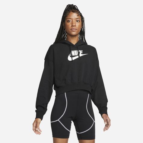 Cropped Crewneck Outfit, Crewneck Outfit, Nike Cropped Hoodie, Black Nike Hoodie, Nike Sportswear Club Fleece, Nike Sportswear Women, Pullover Mode, Cropped Crewneck, Nike Pullover