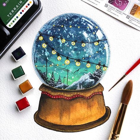 Silje Tømmermo on Instagram: "Snow globe winterscape �🔮❄️✨ • • 🎨 Paint: @artphilosophyco Terrain watercolors, acrylic ink 🗒 Paper: @archespapers rough • • ⭐️ You can get a 15% discount on all products on www.artphilosophy.com with my coupon code siljetommermo15% at checkout • • • #dreamywatercolorlandscapes #artphilosophy #artphilosophyco #artphilosophywatercolor #watercolorconfections #artphilosophyBA2020 #watercolor #watercolour #watercolorpainting #watercolourpainting #watercolorlandscape # Christmas Snow Globe, Christmas Globes, Art Philosophy, Globe Art, 5th Grade Art, Painting Snow, Painting Tattoo, Diy Watercolor Painting, Desert Painting