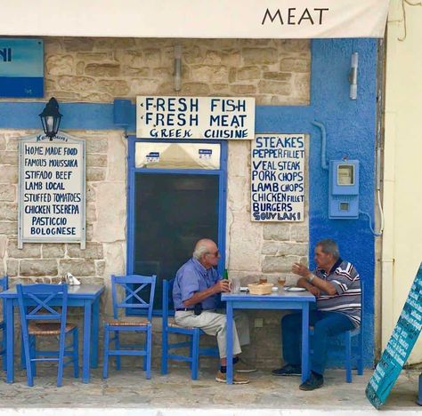 Greek Taverna Aesthetic, Greece Restaurant Design, Greek Taverna Decor, Greek Restaurant Aesthetic, Greek Restaurant Branding, Mediterranean Bar, Mediterranean Cafe, Greek Taverna, Greek Cafe