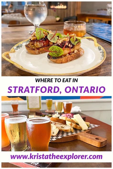 Two slices of bread with duck liver pate on top. A beer flight with a meat and cheese board. Ontario Canada Travel, Canada Restaurants, Stratford Ontario, Canadian Food, Manitoba Canada, Visit Canada, Cute Cafe, Cheap Eats, Ice Cream Shop