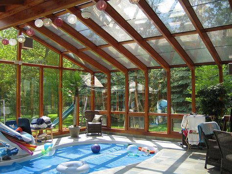 sunroom with pool - Google Search Sunroom With Pool, Pool Sunroom, Indoor Swim Spa, Indoor Pool Ideas, Small Indoor Pool, Indoor Pool House, Indoor Swimming Pool Design, Container Pool, Living Pool