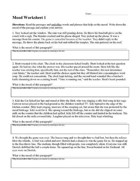 Mood Worksheet 1 | Reading Activity Novel Comprehension Activities, Reading Comprehension For Adults, Tone And Mood Worksheet, Poetry Comprehension Worksheets, Density Worksheet, Tone And Mood, Passage Comprehension, School Jobs, Reading Activity