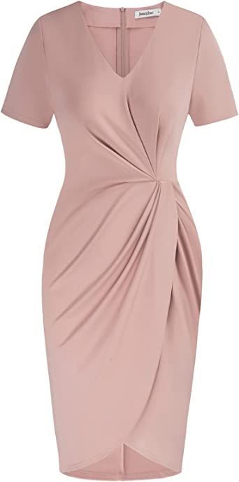 JASAMBAC Women's Short Sleeve Wrap Ruched V Neck Twist Front Split Stretchy Bodycon Casual Dress Vintage Pink Dress, Bodycon Dress Casual, Bodycon Casual, Cocktail Dress Vintage, Chic Party, Party Dress Short, Slim Fit Dresses, Twist Front, Ruched Dress