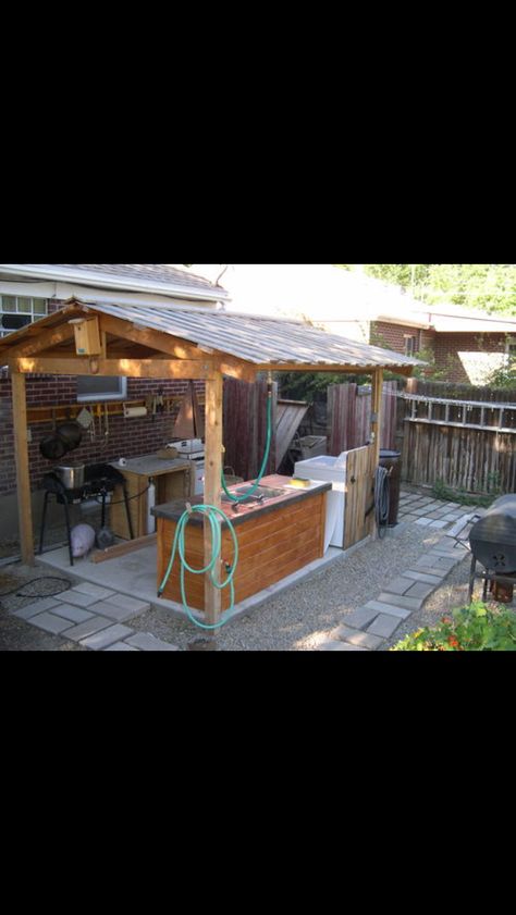 Outdoor Canning Kitchen.... screened in porch Outdoor Kitchen For Canning, Outdoor Kitchen Homestead, Canning Outdoor Kitchen, Rv Outdoor Cooking Station, Outdoor Canning Kitchen Ideas, Screened In Cooking Porch, Outdoor Canning Station, Diy Outdoor Kitchen Rustic, Outdoor Kitchen Off Grid