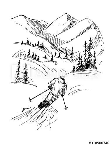 Skiing Sketch, Ski Sketch, Ski Doodle, Snowboarding Drawing, Skier Drawing, Skiing Drawing, Ski Drawing, Mountain Sketch, Lips Painting