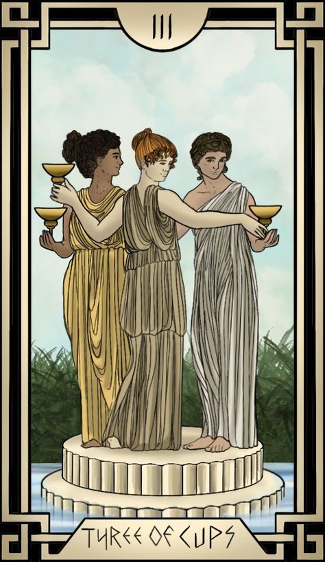 The 3 Graces as 3 of Cups, bestowing gift on humanity. Tarot Three Of Cups, 3 Cups Tarot, Three Of Cups Tattoo, Three Of Cups Tarot, 3 Of Cups, Three Of Cups, 3 Graces, Traditional Tarot Cards, Goddess Of The Hearth