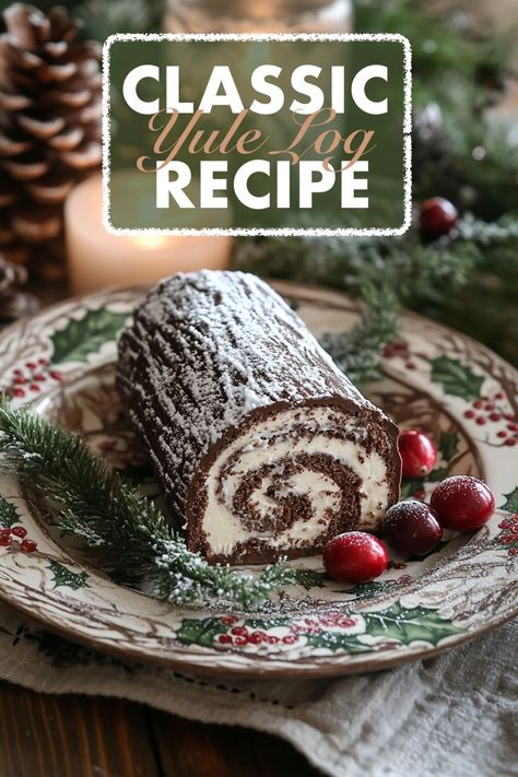 A classic Yule log cake on a decorative Christmas plate, featuring a rich chocolate spiral filled with cream, accompanied by festive berries and greenery. Traditional Yule Log Recipe, Easy Buche De Noel Yule Log Recipe, Sourdough Yule Log, Yule Log Dessert, Christmas Yule Log Recipe, Tiramisu Yule Log, Xmas Log Cake, Christmas Pastries Ideas, Traditional Yule Recipes