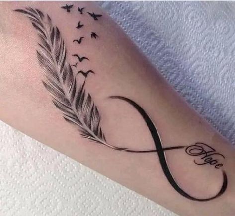 Black and white feather infinity tattoo with birds White Feather Tattoos, Tato Nama, Feather Tattoo Wrist, Infinity Tattoo With Feather, Infinity Tattoo Designs, Feather Tattoo Design, Inspiration Tattoos, Mother Tattoos, Infinity Tattoos