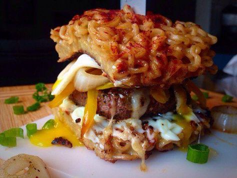 Ramen Burgers!!!  https://t.co/JzyqNgU3Nx #OurCam #Photography www.ourcam.co/ Ramen Burger, Best Foods, Nom Nom, Ramen, The Magic, Cheese, Meat, Ethnic Recipes, Memes