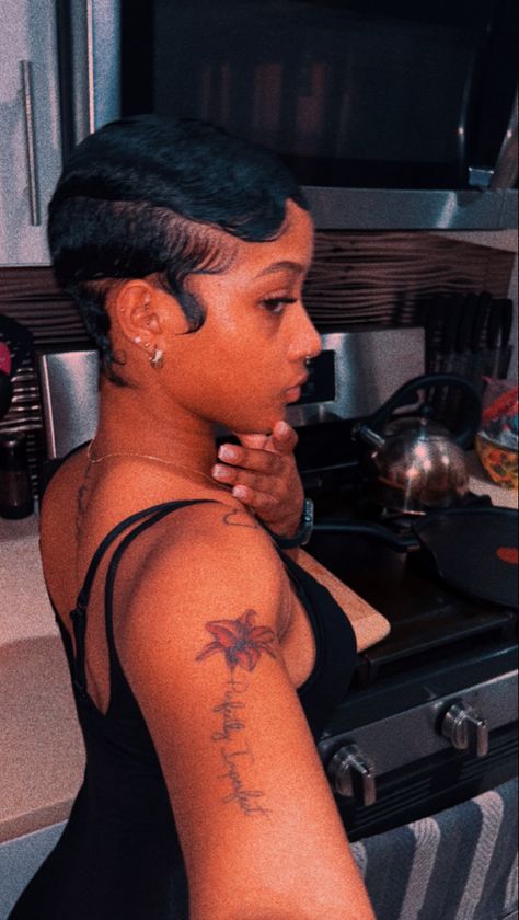 Short hair Aesthetic. Tattoos, Pinterest Babe, Pretty Girls, Finger waves, Black Hair, Short Hair, Piercings, Nails Finger Waves For Black Women Dark Skin, Natural Finger Waves, Waves Styles Short Hair Black Woman, Braids On Pixie Hair Black Women, Short Hair With Earrings, Short Hair Gel Style Black Women, Finger Wave Pixie Cut, 4c Finger Waves, Older Black Woman Hairstyle