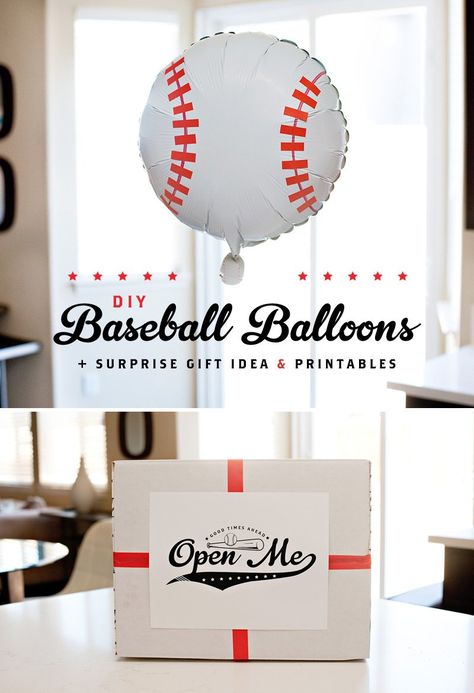 Surprise Boyfriend Ideas, Baseball Ticket Gift, Surprise Ideas For Boyfriend, Birthday Surprise Ideas For Boyfriend, Baseball Balloons, Balloons Tutorial, Baseball Printables, Balloon Surprise, Traditional Anniversary Gifts