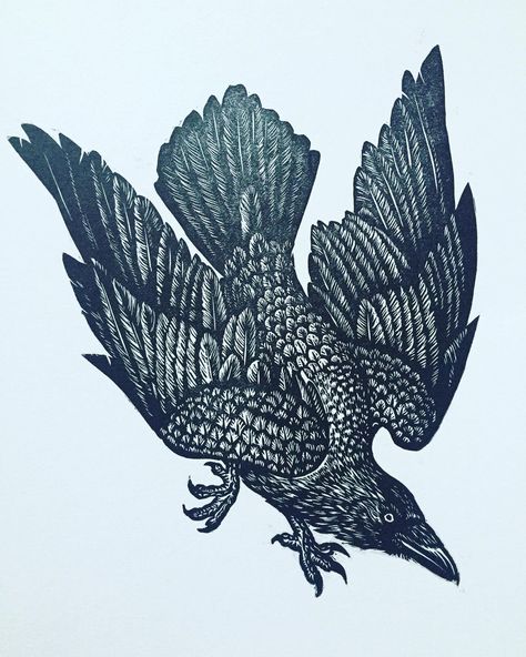 Rossi Hadzhieva on Instagram: “One dancing crow is flying off to Australia! 🙌💃🏻🥳 . . . . . . . . #printmaking #blockprint #printmakersofinstagram #printmakerslife…” Logan Tattoo, Black Crow Tattoos, Princess Mononoke Tattoo, Crow Flying, Lower Leg Tattoos, Flying Tattoo, Wall Murals Diy, Crow Tattoo, Raven Tattoo