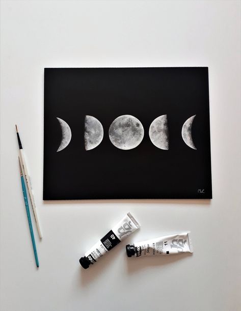 #watercolours #watercolor #art #watercolorpainting #watercolour #painting #artist #watercolorart #watercolors #watercolourpainting #artwork Black Paper Moon, Moon Phase Painting, Moon Phases Drawing, Moon Phases Art, Canvas Board Painting, Black Canvas Paintings, Christmas Paintings On Canvas, Astronomy Art, Moon Drawing