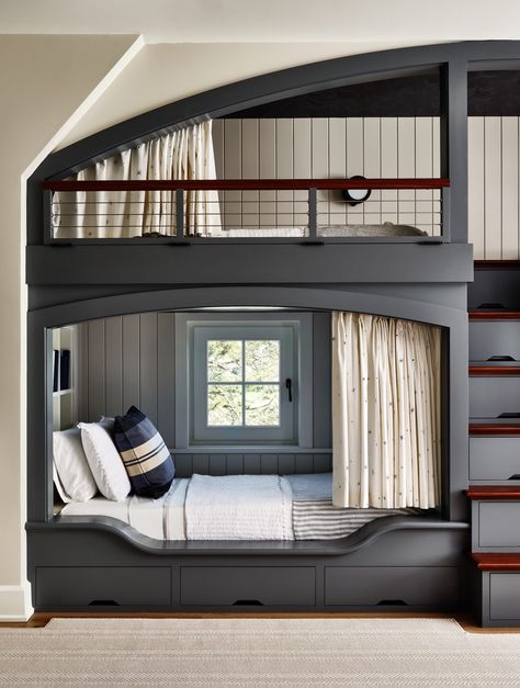 Nautical Gallery Wall, Bunk Room Ideas, Bunk Bed Room, Bunk Beds Built In, Built In Bunks, Bunk Rooms, Shingle Style Homes, New England Homes, Bunk Room