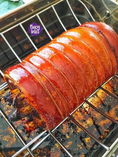 Lechon Belly (Crispy Roasted Pork Belly) - PinoyBites Pork Belly Lechon Recipe, Lechon Recipe, Roasted Pork Belly Recipe, Lechon Belly, Roasted Pork Belly, Pork Belly Recipes, Crispy Pork Belly, Roasted Pork, Crispy Pork