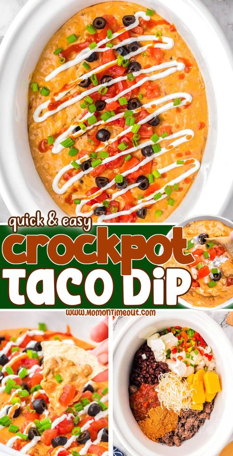 This Crockpot Taco Dip recipe combines all of your favorite taco flavors into one creamy, cheesy and savory dip that everyone will love! Made with ground beef, beans, cheese, salsa and more - it’s a crowd-pleaser that requires minimal effort and pairs perfectly with a handful of tortilla chips. | MomOnTimeout.com Chicken Taco Dip Crockpot, Taco Dip Crock Pot, Crock Pot Taco Dip, Crockpot Taco Dip, Crockpot Dip Recipes, Baked Taco Dip, Best Taco Dip Recipe, Crockpot Queso, Crockpot Dip