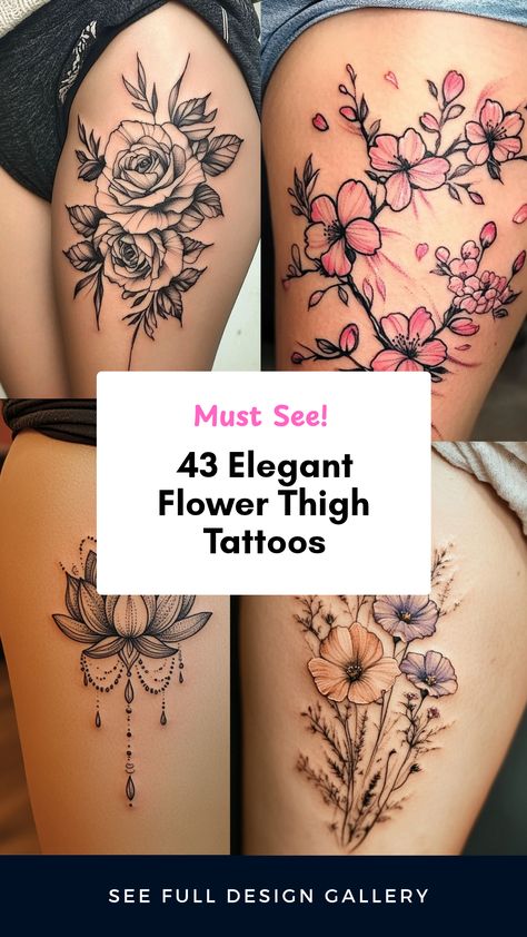 Showcasing 4 beautiful images of elegant flower thigh tattoos for women. This pin features a unique collection that highlights floral designs embodying grace and personal expression. Thigh Tattoos Women Unique Meaningful, Sunflower Hip Tattoos Women, Thigh Tattoos Women Flowers, Front Thigh Tattoo Women, Thigh Tattoos Women Plus Size, Side Thigh Tattoo, Flower Thigh Tattoo, Front Thigh Tattoos, Thigh Tattoos For Women