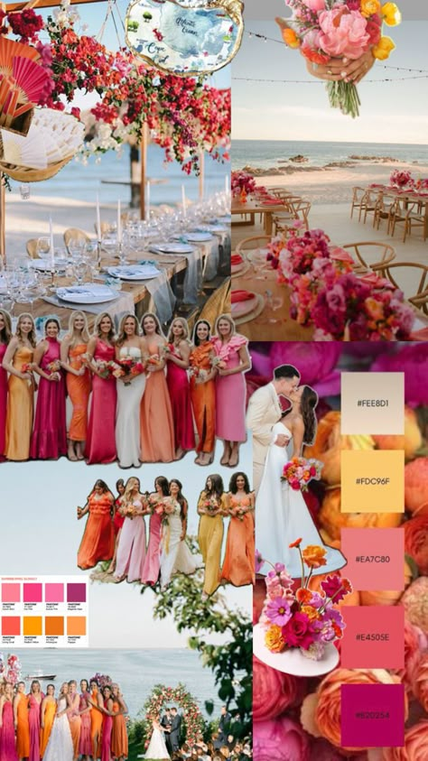 Sunset Wedding Theme, Sunset Wedding Colors, Orange Wedding Themes, Orange And Pink Wedding, Wildflower Wedding Theme, Orange Bridesmaid, Dream Beach Wedding, Dream Wedding Decorations, Boda Mexicana