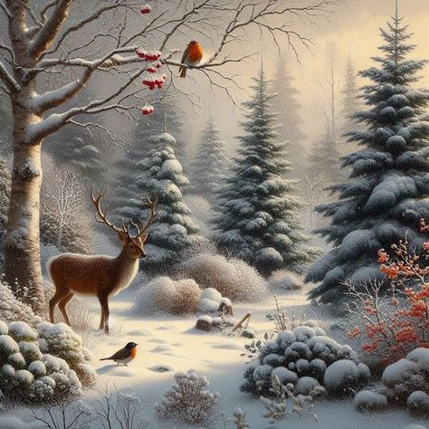 Free Printable Clipart | Winter scene with a Deer or Fox 🦌🦊 | Facebook Crafts 2024, Winter Collage, Winter Painting, A Deer, Phone Background, Winter Scene, Christmas Images, Christmas Animals, Yule