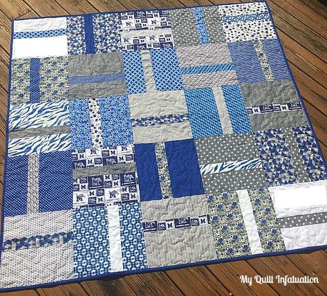 My Quilt Infatuation: The Party Is On! Strip Quilt Patterns, Colchas Quilting, Sports Quilts, Big Block Quilts, Layer Cake Quilts, Quick Quilt, Baby Quilt Patterns, Scrap Quilt Patterns, Man Quilt