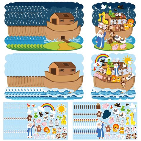 PRICES MAY VARY. Noah's Ark Scene Set: Contains 24 sheets of Noah's Ark backgrounds in 2 styles (thunderstorm and sunny) and 24 sheets of animal stickers in 2 styles, this is the ideal collection for teachers and parents to share and learn together with their children. Fun DIY Event: It’s a fun and creative activity for kids that allows them to create their own scene of animals on Noah's Ark. The scene includes a large ark with various animals, and it comes with plenty of sheets of stickers that Vbs Activities, Noahs Ark Decorations, Noahs Ark Animals, Sunday School Crafts For Kids, Diy Event, Easter Religious, Christian Stickers, Creative Activities For Kids, School Stickers