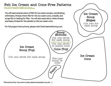 Felt Ice Cream, Cone Pattern, Ice Cream Crafts, Quiet Book Patterns, Ice Cream Scoops, Felt Pattern, Felt Food, Craft Patterns, Ice Cream Cone