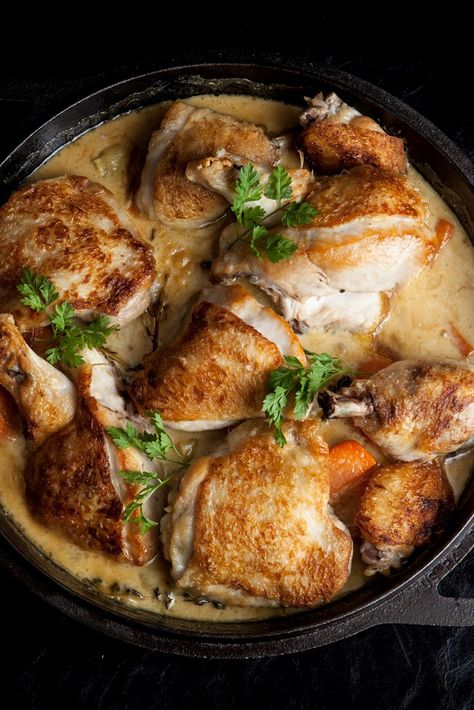 This poulet Breton recipe from chef Steve Groves is a fine example of traditional French cookery. Chicken pieces are simmered in a sauce flavoured with cider, crème fraiche and mustard. This dish is best cooked in a single pan to retain all of the flavours, and it’s best to keep all the chicken pieces on the bone, as this means the meat will be moister and the sauce more flavourful. Serve with some potatoes on the side for a full meal. Mustard Recipe, Great British Chefs, Cider Recipe, Chicken Pieces, French Dishes, French Cooking, Chicken Dishes Recipes, Food Shows, Food Tips