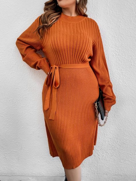 SHEIN Privé Plus Drop Shoulder Belted Sweater Dress | SHEIN USA Business Casual Sweater, Plus Size Knitwear, Orange Jumpers, Plus Size Sweater Dress, Concert Attire, Plus Size Sweater, Belted Sweater, Solid Color Sweater, Autumn 2023