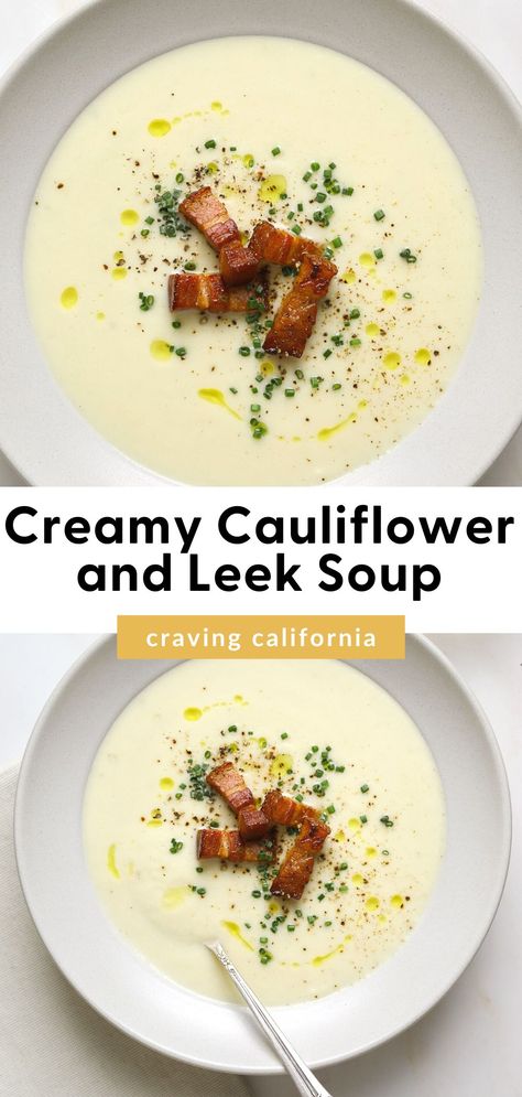 A bowl of pureed cauliflower soup Leak Cauliflower Soup, Cauliflower And Bacon Soup, Keto Cauliflower Leek Soup, Cauliflower Bisque Soup, Cauliflower Bisque, Puree Soup Recipes, Leek And Cauliflower Soup, Cauliflower And Leek Soup, Leek And Bacon Soup