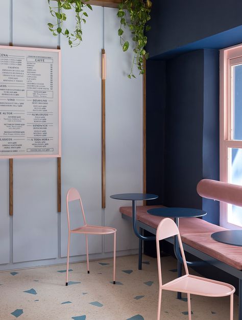 Italy’s apericena makes its way to Buenos Aires, thanks to this new coffee place - News - Frameweb Small Restaurant Design, Coffee Place, Pink Cafe, Pink Neon Sign, Coffee Places, Coffee Shops Interior, Italian Dining, Colorful Space, Terrazzo Flooring