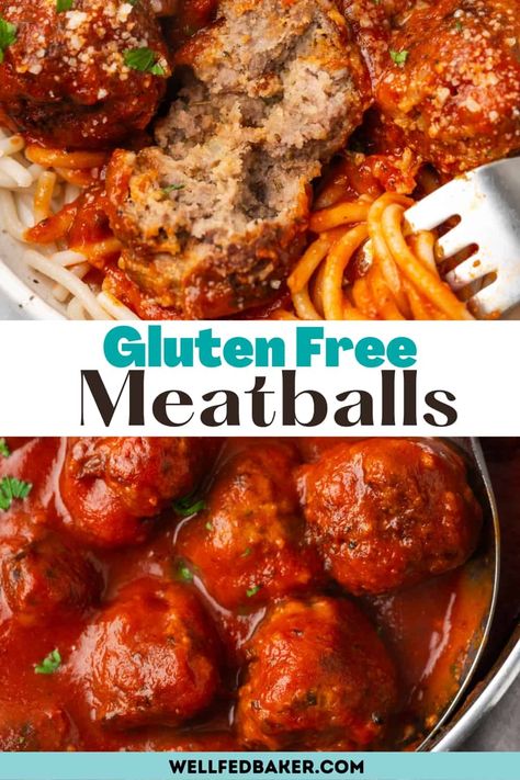 Gluten Free Meatballs Gluten Free Italian Meatballs, Gluten Free Meatballs Recipe, Baked Meatball Recipe, Ground Beef Meatballs, Gluten Free Meatballs, Baked Meatballs, Gluten Free Spaghetti, Gluten Free Bread Crumbs, Meatball Recipe