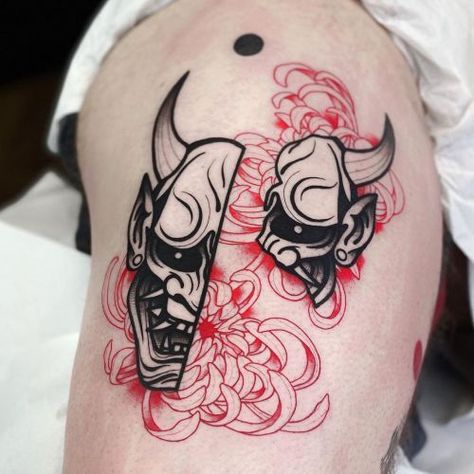 190+ Oni Mask Tattoo Designs with Meaning(2022) - TattoosBoyGirl Hannya Maske Tattoo, Tattoo Designs With Meaning, Designs With Meaning, Oni Mask Tattoo, Oni Tattoo, Hannya Mask Tattoo, Muster Tattoos, Oni Mask, Mask Tattoo