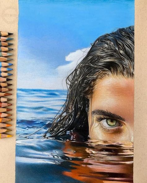 Emerging from the water by D. O’Brien Realistic Pencil Drawings Portraits Faces, Colour Pencil Portrait Realistic, Pencil Portrait Drawing Realistic, Realistic Pencil Drawings Portraits, Portrait Art Pencil Sketch, Color Pen Art, Pencil Colour Portrait, Portrait Art Pencil, Colour Pencil Portrait